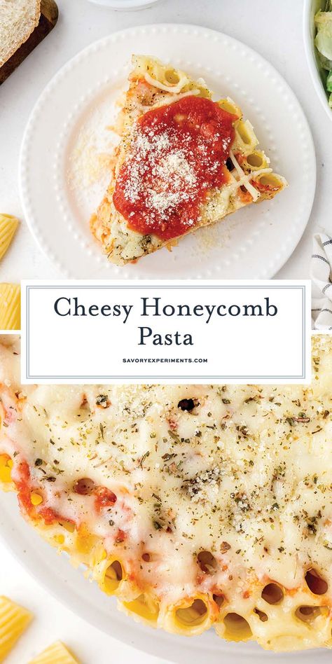 Honeycomb Pasta is a Ziti smothered in marinara and cheese, but in cake form! Serve with a side of Italian sausage or meatballs. Honeycomb Pasta, Crockpot Pasta Recipes, Pasta Cake, Crockpot Pasta, Dinner Favorites, Cake Form, Vegetarian Bake, Best Pasta Recipes, Yummy Pasta Recipes