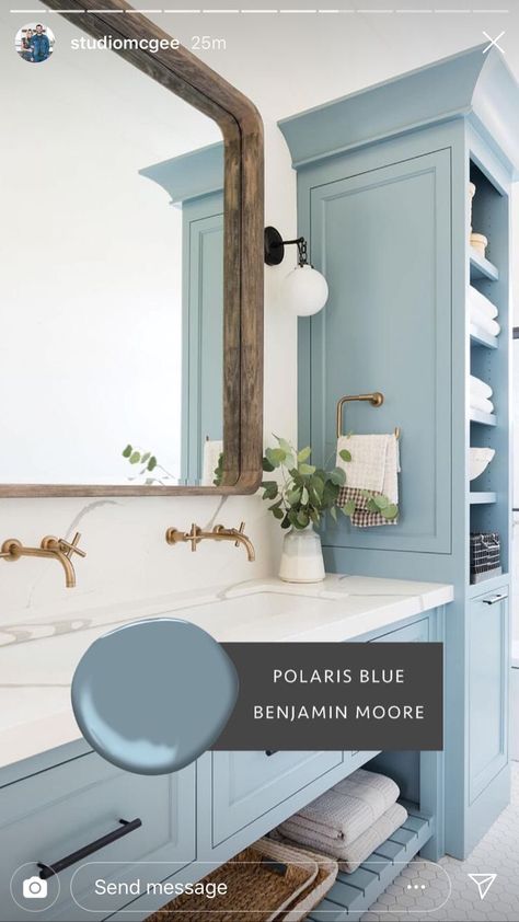 Best Blue Vanity Colors, Powder Blue Cabinets Bathroom, Bathroom Vanity Colors Blue, Polaris Blue Benjamin Moore Bathroom, Benjamin Moore Polaris Blue Cabinets, Master Bath Colors Paint, Coastal Cottage Bedroom Cape Cod, Coordinating Wall Colors, Polaris Blue Benjamin Moore Cabinets