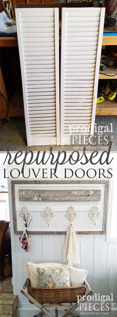 Who would have thought repurposed louver doors could look so good? Larissa of Prodigal Pieces made a functional and stylish coat or towel rack perfect for your home. Come get the DIY details at Prodigal Pieces | prodigalpieces.com #prodigalpieces #handmade #homedecor Louvered Door Ideas, Louver Door, Louver Doors, Louvered Door, Easy Home Improvement, Diy Shutters, Doors Repurposed, Upcycle Decor, Log Furniture