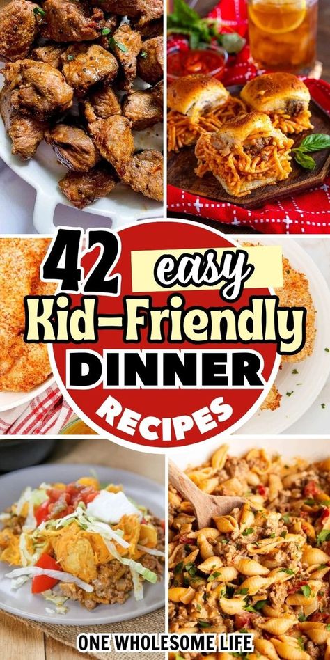 collage of kid friendly dinner ideas. Easy Kid Friendly Dinner Ideas, Healthy Kid Friendly Dinners, Kid Friendly Dinner Ideas, Dinners For Picky Eaters, Kid Friendly Dinner Recipes, Kid Friendly Chicken Recipes, Ground Beef Meals, Kid Friendly Dinners, Kid Friendly Casseroles