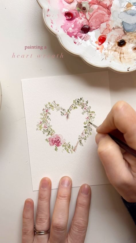 Emily Lex | Painting a heart wreath. ❤️ #elstudio #watercolor #painting | Instagram Watercolor Love Paintings, Valentine Watercolor Painting, Wedding Watercolor Painting, Painting Instagram, Aqua Flowers, Painting Methods, Heart Watercolor, Mini Watercolor, Valentines Watercolor