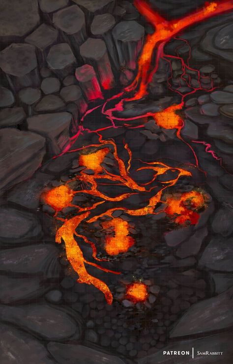 Sweltering heat, the choking stench of sulfur, and crackles of flames assault the party's senses. Traverse the upper slopes and follow the molten streams down to the valley floor. Watch as they form the shapes of the lair's guardian; The Firebird. Like this map? Consider dropping by ye ole Patreon/give a follow, to check out all the variations and get updates on all the latest releases. #battlemap #encountermap #dungeons and dragons #dnd #volcano #phoenix #ttrpg #dndhomebrew #dndart Volcano Battlemap, Roll20 Maps, Volcano Rock, Lava Floor, The Firebird, Dnd World Map, Fantasy Maps, Unique Maps, Area Map