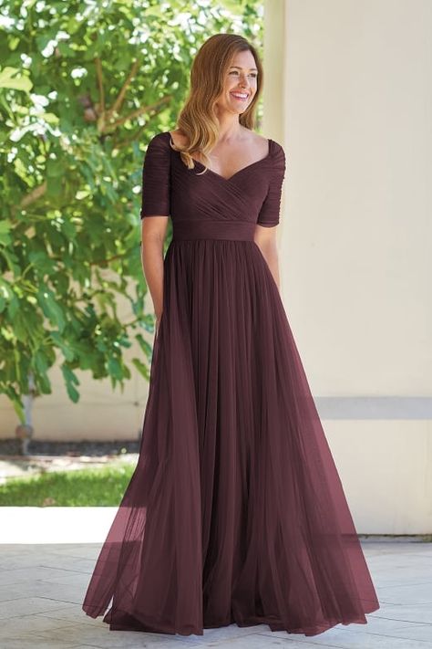 J215001 Netting with Stretch Lining MOB Dress with Portrait V-Neckline Party Wear Modest Dress, Bridesmaid Western Dresses, Simple Wedding Frocks, Netted Gowns For Women, Farewell Frocks, Long Dress Designs Gowns Western, A Line Frock Designs For Women, Net Saree Dress Design Ideas, Function Outfits Women