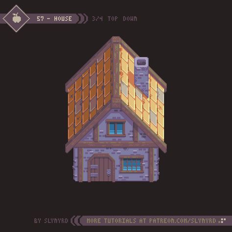 Tutorial - 57 - House | Slynyrd on Patreon Pixel Art Building 2d, Pixel House Art, Top Down Character, Pixel Art House, Top Down Pixel Art, Pixel House, Top Down Game, Character Sprites, Pixel Game