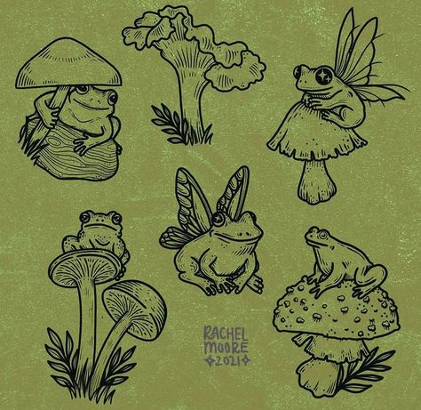 Frog Art Tattoo, Mushroom Fairy Frog Tattoo, Frog Under Mushroom Drawing, Grunge Frog Drawing, Mushroom With Frog Tattoo, Frog On Toadstool Tattoo, Frog And Snail Tattoo, Frog With Mushroom Tattoo, Fairy Grunge Drawing Ideas