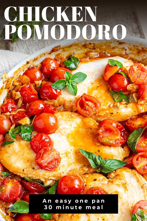 This classic chicken pomodoro is a hearty, flavorful meal for the whole family. Plus, it is all cooked in one pan. The recipe takes less than 30 minutes and is the perfect example of how a few simple ingredients can be transformed into something extraordinary. The juicy chicken cutlets are nestled in a cherry tomato sauce that's both sweet and savory. You'll want to ensure you have some crusty bread to soak up all the delicious sauce. Breaded Lemon Chicken With Burst Cherry Tomatoes, Chicken Rice Tomato Sauce Recipes, Tomatoes And Chicken Recipes, Cherry Tomato Chicken Recipes, Chicken Pomodoro Recipes, Chicken Cherry Tomato Recipe, Chicken And Cherry Tomato Recipes, Chicken Tomato Recipe, Chicken And Tomato Recipes