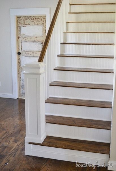 How to Build a Newel Post | Beneath My Heart. Like the bead board stairs Beadboard Stairs, Painted Stairs Makeover, Stairway Ideas, Farmhouse Staircase, Beadboard Wallpaper, Stair Makeover, Stairs Makeover, Diy Trim, Railing Ideas