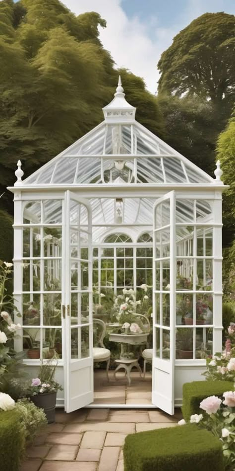 11 Elegant Greenhouse Ideas for Stylish Plant Enthusiasts - Peak Patio Life Victorian Greenhouse Conservatory, Gorgeous Greenhouses, Elegant Greenhouse, White Greenhouse, French Barbie, Edwardian Conservatory, Suburban Homestead, Edwardian Garden, Geodesic Dome Greenhouse