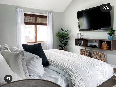 Under tv storage Credit: diyhuntress Furniture Under Tv In Bedroom, Bedroom Tv Storage Ideas, Bedroom Under Tv Ideas, Under Tv Decor Bedroom, Bedroom Tv Setup, Mounted Tv In Bedroom, Under Tv Storage, Mounted Tv Bedroom, Tv Bedroom Ideas