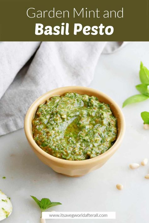 This delicious mint basil pesto is a great way to use up garden herbs! Use it on pasta, sandwiches, eggs, veggies, and more...and freeze the rest for later. Plus, learn how to make it vegan or nut free. Recipes Using Basil, Using Basil, Pesto Basil, Homemade Basil Pesto, Basil Pesto Recipe, Mint Pesto, Basil Pesto Recipes, Garden Herbs, How To Make Pesto