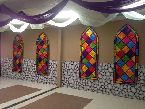 Kingdom Vbs Games, Draw Bridge Castle Diy, Diy Ballroom Decor, Medieval Castle Decor, Castle Sunday School Room, Kingdom Decorations Ideas, Medevil Decorations, Answers Vbs Keepers Of The Kingdom, Medieval Stained Glass Windows