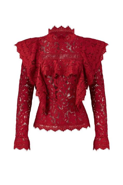 Alc Dress, Lace Blouse Styles, Goth Victorian, Clothing Rental, Red Lace Top, Red Gothic, Frill Top, Myanmar Dress Design, Frill Tops