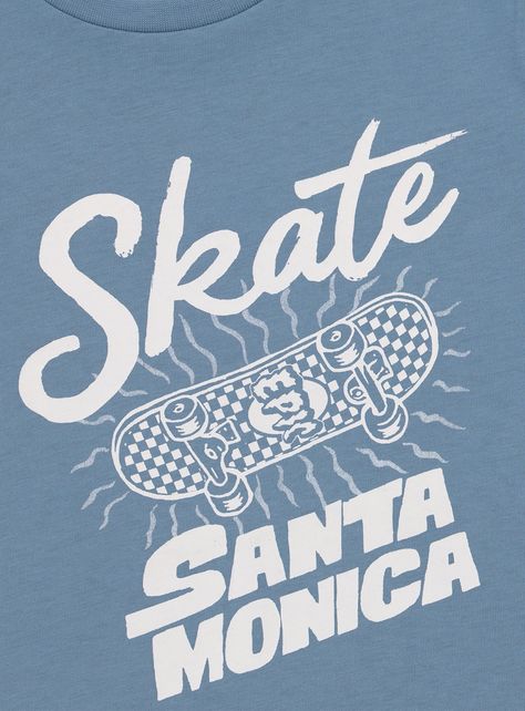 They will love this super cool blue skateboard t-shirt. Made from pure cotton, it has a crew neck, short sleeves and features 'Skate Santa Monica' with a skateboard graphic. Team with jeans and trainers for spring.   Blue t-shirt Skateboard graphic Crew neck Short sleeves Pure cotton Keep away from fire Material 100% Cotton Care Machine washable Product code 138472191 Skateboard T Shirt Design, Skateboard Tshirt Design, Skateboard T Shirt, Skater Graphic Design, Skate Graphic Design, Skate Branding, Skate Tshirts, Skateboard Branding, Skater Tshirt