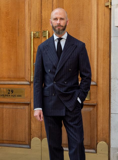 Reviving the navy chalk-stripe suit: Ciardi DB in Fox collab cloth – Permanent Style Smart Attire, Navy Suits, Flannel Suit, Mens Outfit Inspiration, Navy Suit, Cocktail Attire, Evening Outfits, Suit Style, Mens Winter Fashion