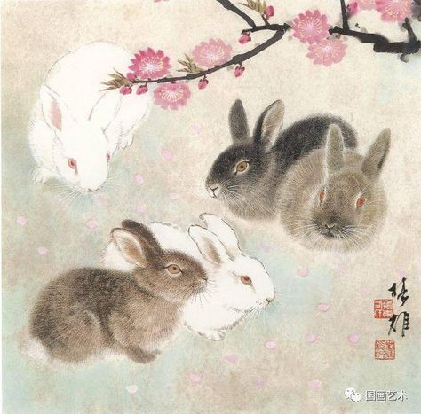 Chinese Rabbit Art, Chinese Painting Traditional, Japanese Rabbit, Bunny Artwork, Hare Painting, Japanese Animals, Bunny Poster, Korean Painting, Spirit Animal Art