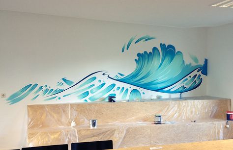 Veneficus Wave Mural on Behance Wave Mural, Being Controlled, Beach Crafts Diy, The Big Wave, Window Mural, Office Mural, Wall Murals Diy, Wall Art Diy Paint, Guest Room Design