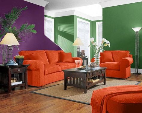 This is a triadic color scheme. Orange, purple and green should NOT be used together EVER! Purple Interior Design, Split Complementary Color Scheme, Interior Design Color Schemes, Brown Living Room Decor, Split Complementary Colors, Green Interior Design, Purple Interior, Interior Design Color, Room Color Schemes