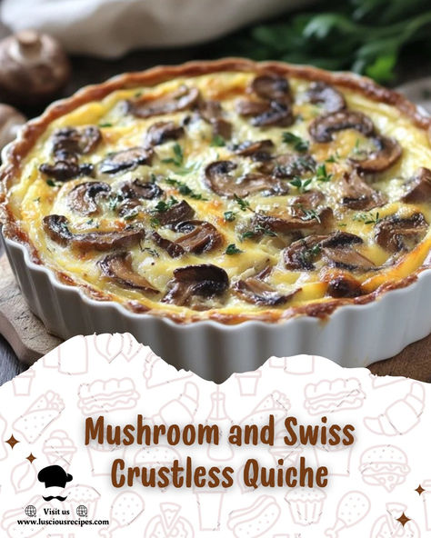 Indulge in a healthy and savory Mushroom and Swiss Crustless Quiche—packed with rich flavors, low in carbs, and perfect for any meal. Easy, gluten-free, and delicious! Individual Crustless Quiche Recipes, Low Carb Crustless Quiche, Mushroom And Cheese Quiche, Crustless Mushroom Quiche, Mushroom Swiss Quiche, Mushroom Quiche Recipes, Crustless Vegetable Quiche, Crustless Quiche Recipes, Quiche Crustless