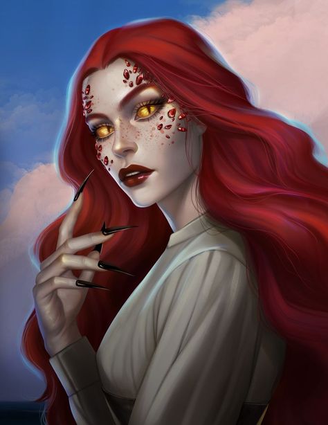 Tiefling Princess, Red Hair Female Character, Dragon Lady Art, Princess Character Art, Yuan-ti Pureblood Female, Dragon Girl Art, Woman Character Design, Ruby Dragon, Dragon Woman