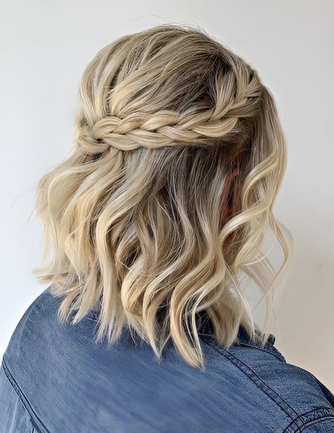 Short Braided Updo, Cute Bridesmaid Hairstyles Short Hair, Short Hair Braid Crown, Braided Crown Short Hair, Prom Hair Styles Short Hair, Short Hair Braids Styles, Hair Styles For Short Hair For Weddings, Wedding Hair Down Short, Waterfall Braid Short Hair