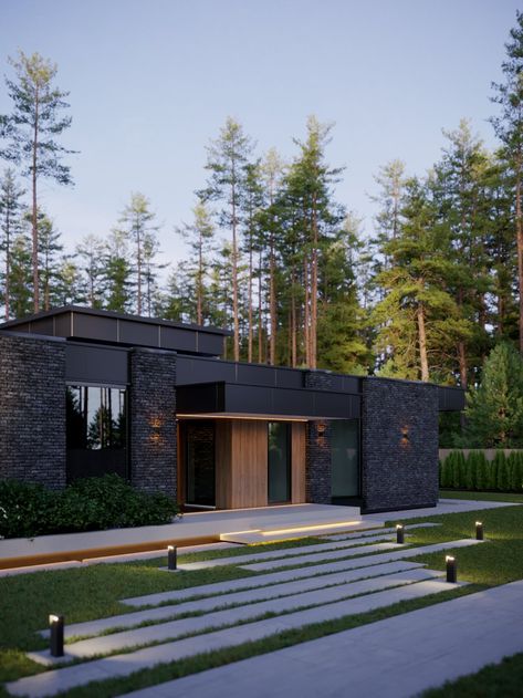 Contemporary House Landscape, Forest Cabin Exterior, Small Luxury House Exterior, Modern Home In Forest, Modern Forest House Exterior, Modern House Forest, Scandinavian Architecture House, Dark Modern House Exterior, Cottage Outside