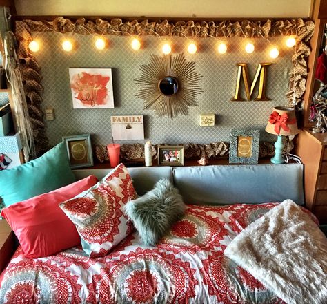 Texas Tech Dorm Texas Tech Dorm Room, Headboard Shelf, Cute Dorm Ideas, Dorm Stuff, Dream Dorm, Dorm Sweet Dorm, Dorm Inspiration, Modern Bedding, College Dorms