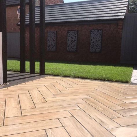 Italian Herringbone Wood Effect Outdoor Porcelain Planks - 60x15cm - Cheshire Sandstone Outdoor Tile Patio, Wood Look Tile Floor, Herringbone Tile Floors, Outdoor Porcelain Tile, Porcelain Wood Tile, Porcelain Paving, Contemporary Garden Design, Herringbone Wood, Patio Tiles