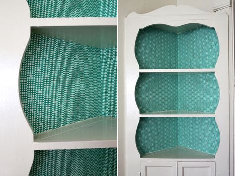 Fabric Lined Built In Shelves Wallpapered Shelves, Diy Living Room Decor, Custom Shelving, A Beautiful Mess, Victorian Furniture, Rental Decorating, Plywood Furniture, Beautiful Mess, Building Ideas