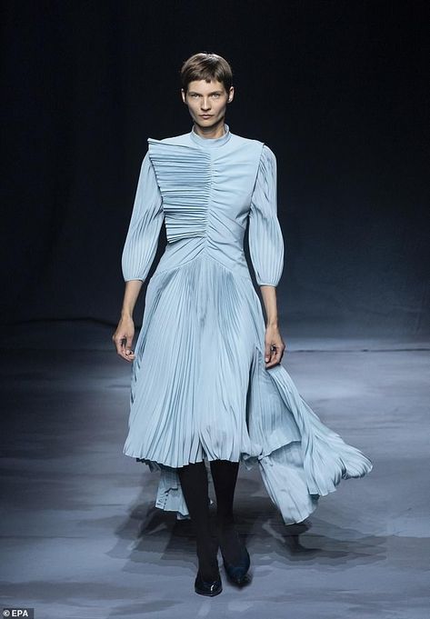 A pleated powder blue number from Givenchy's new collection. The range been met with prais... Pigeon Blue, Long Dresses, Jewel Tones, Meghan Markle, Powder Blue, Pigeon, Daily Mail, New Collection, Givenchy