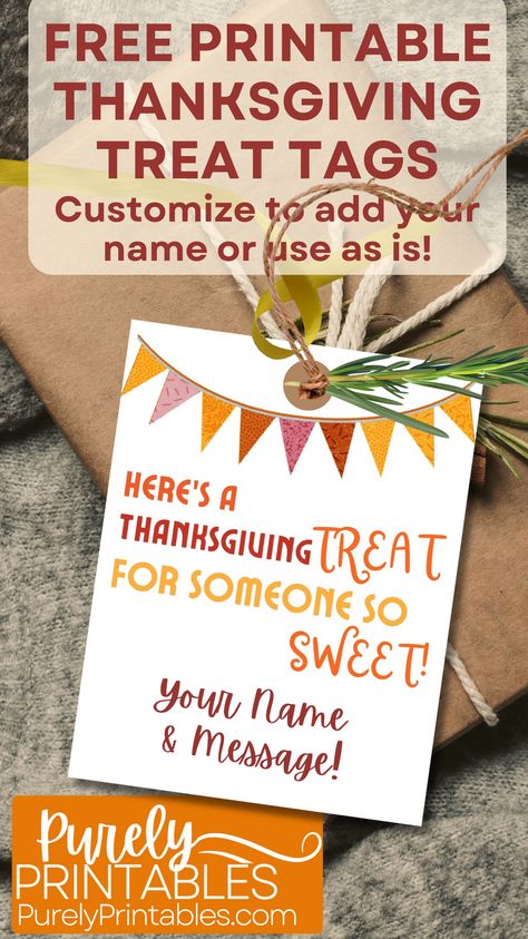 "Here's A Thanksgiving Treat For Someone So Sweet" gift tags! Perfect for gifting treats, goodies, or small presents, these free printable gift tags are easy to download & print. Featuring a fall-inspired design, these tags are ideal for adding a charming touch to your Thanksgiving favors, party favors, or gifts for friends, teachers and family. #PurelyPrintables

#ThanksgivingGiftTags #FreePrintableTags #ThanksgivingTreats #PrintableGiftTags #FallGiftTags #DIYThanksgivingTags #HolidayGiftLabels Free Teacher Thanksgiving Tags, Thanksgiving Gift Ideas For Staff, Simple Thanksgiving Gifts For Teachers, Thanksgiving Teacher Gifts Free Printable, Thanksgiving Tags Ideas, Thanksgiving Gift Tags Printable Free, Thanksgiving Tags Printable Free, Thanksgiving Appreciation, Thanksgiving Labels