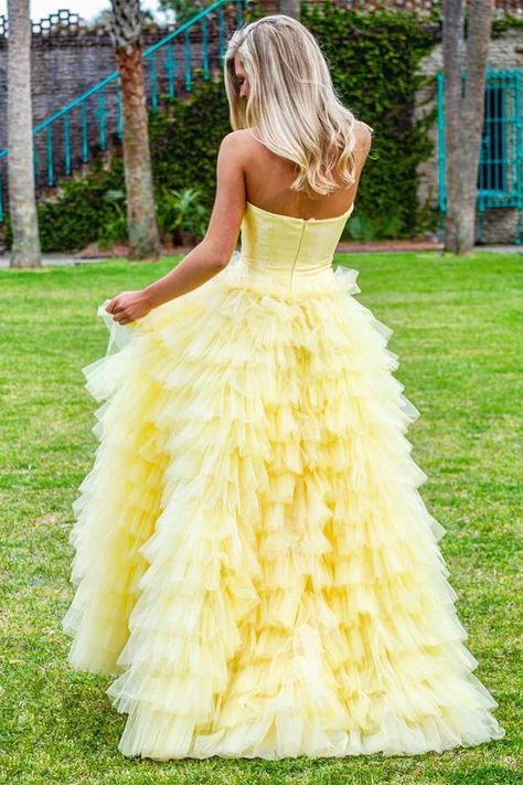 Yellow Formal Dress, Yellow Gown, Dress Display, Strapless Prom Dress, Prom Dresses Yellow, Satin Tulle, Prom Ball Gown, Custom Size Dresses, Gown Prom