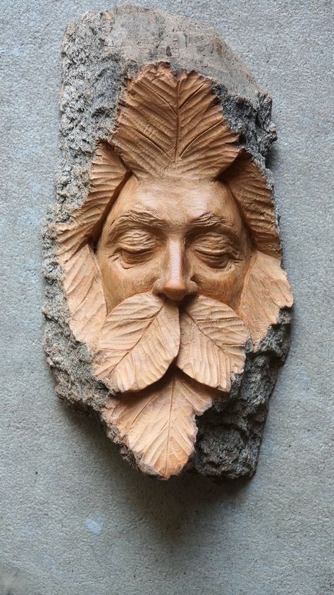 This piece is hand carved in Winnipeg, Manitoba, Canada by Lucas Kost. The wood is cottonwood bark, which is harvested as driftwood from the shored of the Red River in Winnipeg. These unique works are inspired by the Pagan legends of the Green Man and the Wood Spirits, who are said to be the spirit keepers of the forests.  Visit Lucas' website at www.lucaskost.com for more Green Man Carving, Gnome Projects, Green Man Sculpture, Bark Carving, Unique Wood Carving, Spirit Tree, Wood Carving Art Sculpture, Wood Figures, Wood Carving Faces