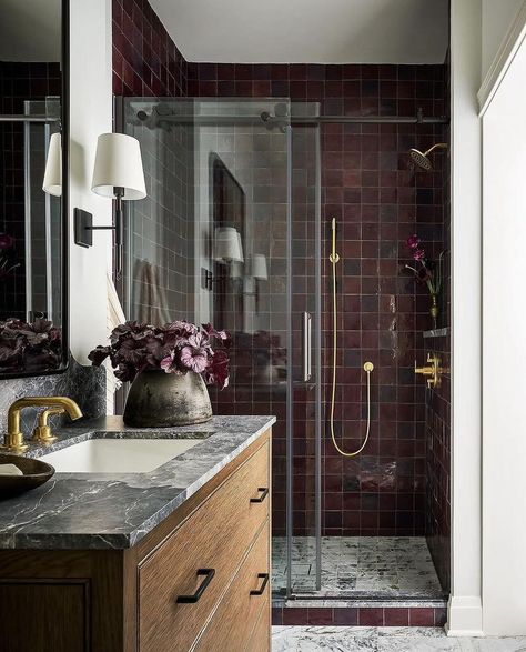 Our most recent color crush 😍 From moody maroons to beautiful burgundys, this shade creates spaces that are equal parts chic and comforting #SundaySaves 🤎 Maroon Tile Bathroom, Moody Small Bathroom, Maroon Bathroom, Burgundy Bathroom, Moody Bathroom, Smith Family, Red Hill, London Flat, Pear Tree