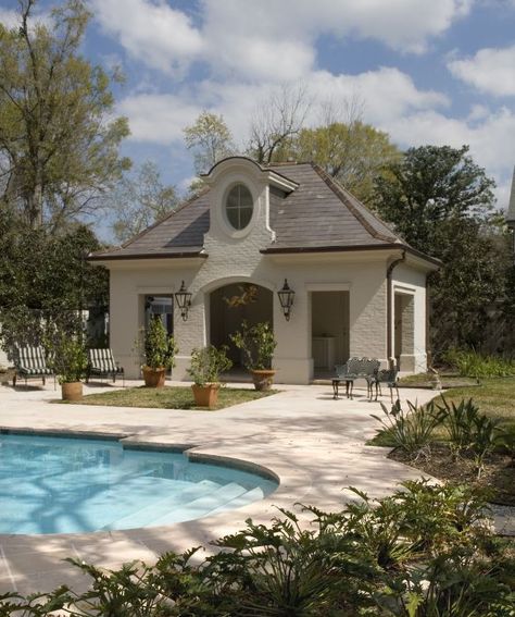 Pool House with character.  French country to match the main house!! :) Pool House Remodel, French Chateau Pool House, French Country Pool Ideas, French Chateau Pool, Hardy Board, Country Pool, Fireplace Chimney, French Country Exterior, French Country Rug