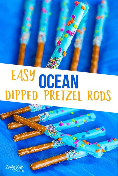 These ocean themed pretzel rods are so simple and easy to make! All you need are a handful of ingredients and you'll be enjoying them in no time! Perfect sea lover snacks or for your ocean lover's party. #pretzel #oceanthemed #LivingLifeasMoms Underwater Food Ideas, Ocean Pretzel Rods, Under The Sea Pretzel Rods, Easy Shark Week Snacks, Nemo Themed Food, Kids Food Craft, Beach Themed Party Snacks, Ocean Theme Snacks For Preschool, Scuba Themed Snacks