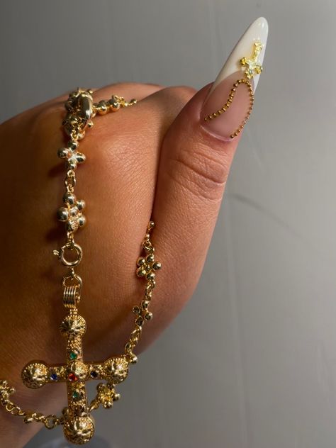 White Nails With Gold Charms, French Nails With Cross, French Tip Cross Nails, Gold Cross Nails, Nails With Gold Charms, Catholic Nails, Rosary Nails, Nails With Cross, Cross Nail Designs