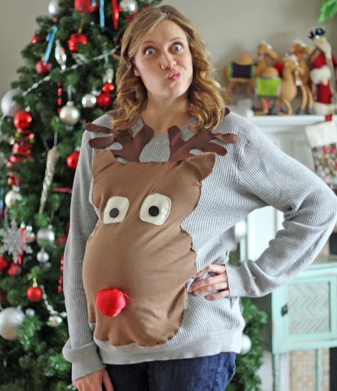 Rudolph Ugly Christmas Sweater For A Mom-To-Be.   MUSTTTT SHOW THIS TO ALL MY PREGNANT FRIENDS! haha Ugly Christmas Sweater Pregnant, Easy Ugly Christmas Sweater, Creative Ugly Christmas Sweater, Ugly Christmas Sweater Ideas, Ugly Christmas Sweater Diy Funny, Christmas Sweater Ideas, Diy Christmas Sweater, Ugly Christmas Sweater Couples, Diy Ugly Christmas Sweater