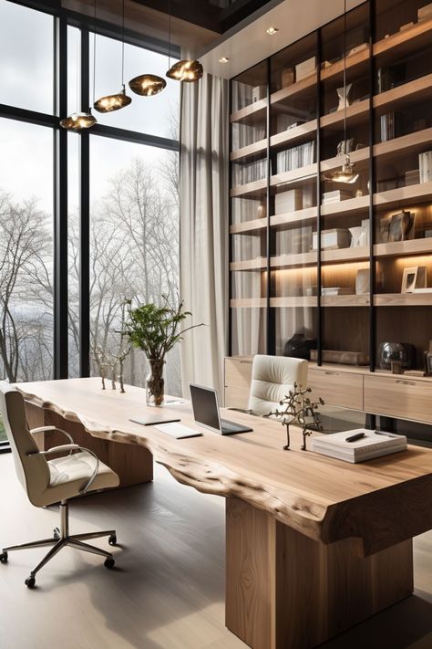 office room  office design interior small room Library Room Ideas Home Modern, Luxury Office Table Design, Lawyer Office Design Modern, Clean Office Aesthetic, Home Office For 2 People, Large Office Space Ideas, Wood Office Design, Office And Library Combo, Open Home Office