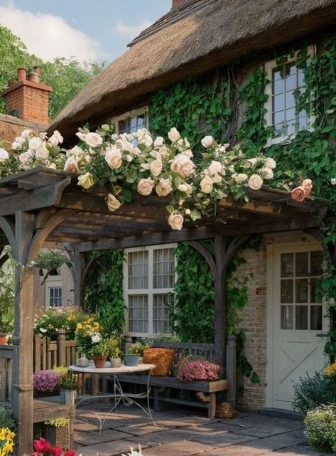 Patio English Garden, English Cottage In The Woods, English Cottage Patio Ideas, English Cottage Style Backyard, English Cottage With Garden, Cottage House Backyard, English Country Garden Ideas, Cozy Cottage Garden, English Country Cottage Garden