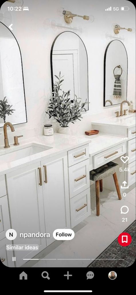 Gold Faucet Bathroom Ideas, Black Fixtures Bathroom, Gold Hardware Bathroom, Black Hardware Bathroom, Modern Farmhouse Master Bath, Arch Mirror Bathroom, Arched Mirrors, Gold Bathroom Fixtures, Black Bathroom Fixtures