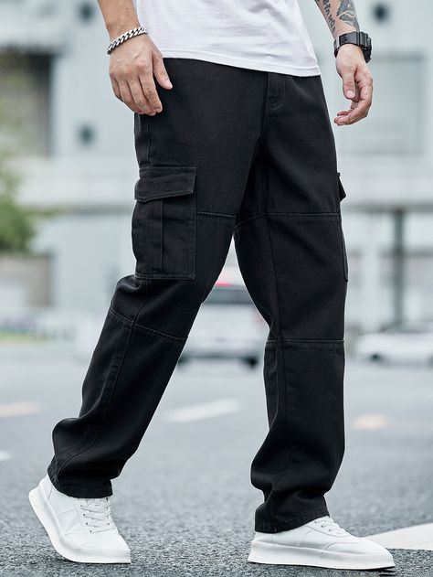 Negro  Collar  Mezclilla Liso Pierna recta Embellished No-Elástico  Mezclilla para hombre Pant Types Men, Buff Men Outfits Aesthetic, Men Black Cargo Pants Outfit, Cool Pants For Men, Types Of Jeans Men, Jean Cargo Outfit, Cargo Pants Men Black, Mens Black Cargo Pants, Black Cargo Pants Outfit Men