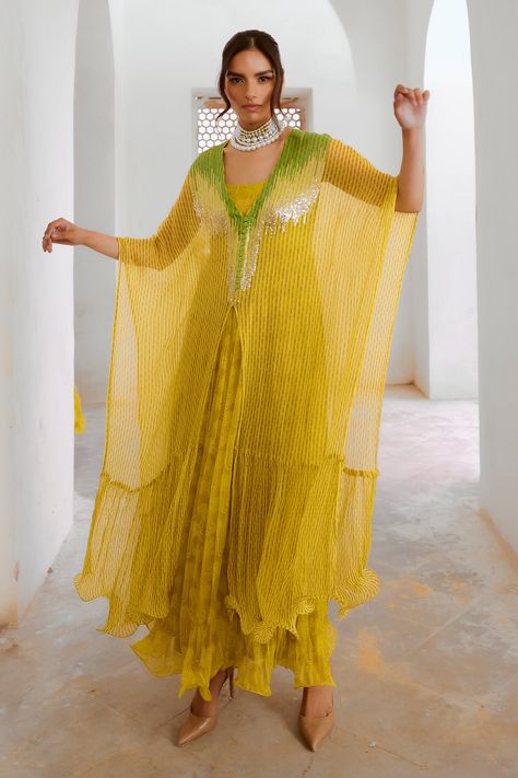 Shop for these amazing collections of Green Chiffon Print Sequins V Ombre Embroidered Kaftan For Women by Pallavi Jaipur online at Aza Fashions. Ombre Embroidery, Green Kaftan, Cocktail Outfits, Kaftan Pattern, Kaftan Women, Kaftan For Women, Embroidered Kaftan, Trendy Outfits Indian, Indian Wedding Outfits