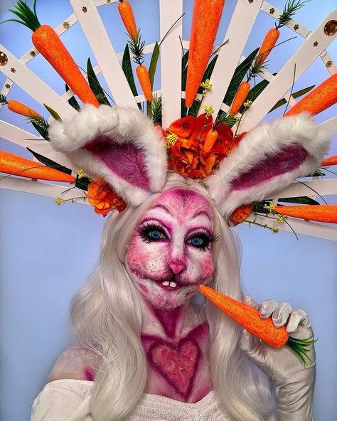 🐣 Easter Bunny 🐇 I made the headpiece with supplies from the dollar store! I painted the wood pieces and popsicle sticks white and glued t… | Instagram White Rabbit Makeup, Nose Prosthetic, Maybelline Sky High Mascara, Rabbit Makeup, Maybelline Sky High, Holiday Makeup, Popsicle Sticks, Monster Girl, Wood Pieces