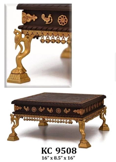 Wooden Bajot Designs, Bajot Designs For Wedding, Pooja Stool, Wooden Stool Designs, Pooja Chowki, Wooden Mandir, Sitting Stool, Wedding Packing, Puja Items