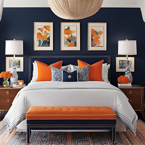 Orange Bedroom Ideas - Modern and Stylish Look Orange Bedroom Ideas for Every Style. Orange And Navy Bedroom, Navy Orange Bedroom, Orange And Blue Bedroom, Blue And Orange Bedroom, Bedroom Decor Orange, Lilac Bedroom Ideas, Colorful Bedrooms, Neoclassical Bedroom, Burnt Orange Bedroom