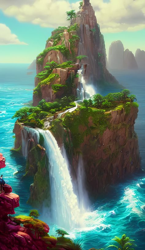 Fantasy Island Waterfall, Ailan on ArtStation at https://www.artstation.com/artwork/Om06Jy Fantasy Island Aesthetic, Fantasy Island Art, Fantasy Tropical Island, Dbd Character, Cliff Waterfall, Fantasy Islands, Fantasy Waterfall, Dragon Island, Island Waterfall