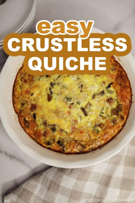 a freshly baked crustless quiche in a white pie dish Quiche Easy Recipe, Basic Crustless Quiche Recipe, Breakfast Quiche Crustless, Quiche Easy, Easy Quiche Recipe, Quiche Recipes Crustless, Crustless Quiche Recipe, Easy Quiche, Vegetable Quiche