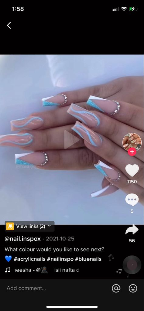 Swirl Nails With Rhinestones, Blue Nails With Gems, Aqua Blue Nails, Blue Swirl Nails, Blue And White Nails, Swirl Nails, Aqua Nails, Matric Dance, Summer Gel Nails