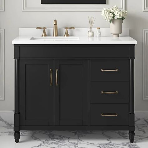 Ove Decors Salisbury 42 In Single Off Centered Sink Bathroom Vanity In Pure White | Wayfair Off Center Sink Vanity, Off Center Sink Bathroom Vanity, Floor Bathroom, Black Bath, Shaker Doors, White Vanity, Sink Bathroom Vanity, Single Sink Bathroom Vanity, Kitchen Sale