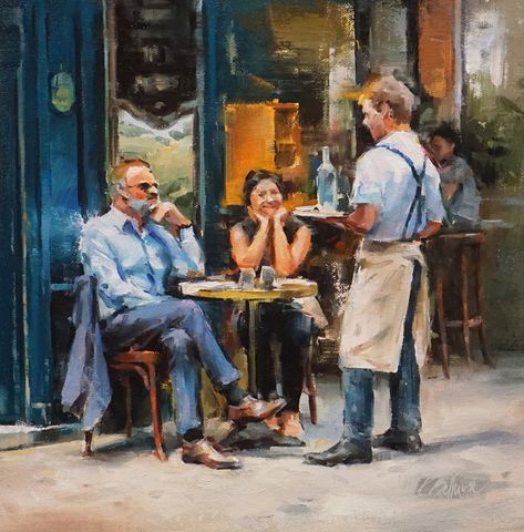 The String Section by Patricia Bellerose, Oil on Canvas | Koyman Galleries Cafe Paintings Art, Memory Drawing, Figure Sketches, Composition Drawing, Street Cafe, Lunch Table, Human Figure Sketches, Group Poses, Painting People